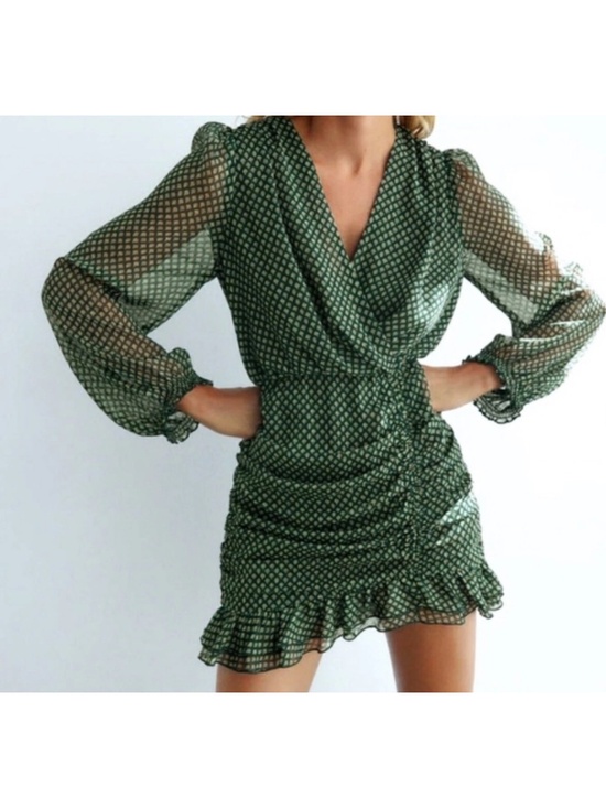 Zara Dresses & Skirts - ZARA Green Floral Ruched Dress Mini Puff Sleeve Size S